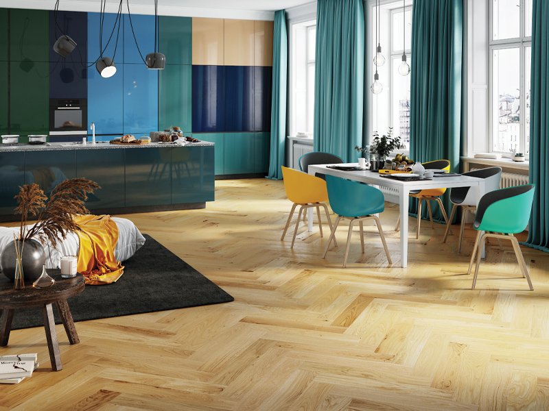 Whiteriver Barista Oak Crema herringbone installed in living room area