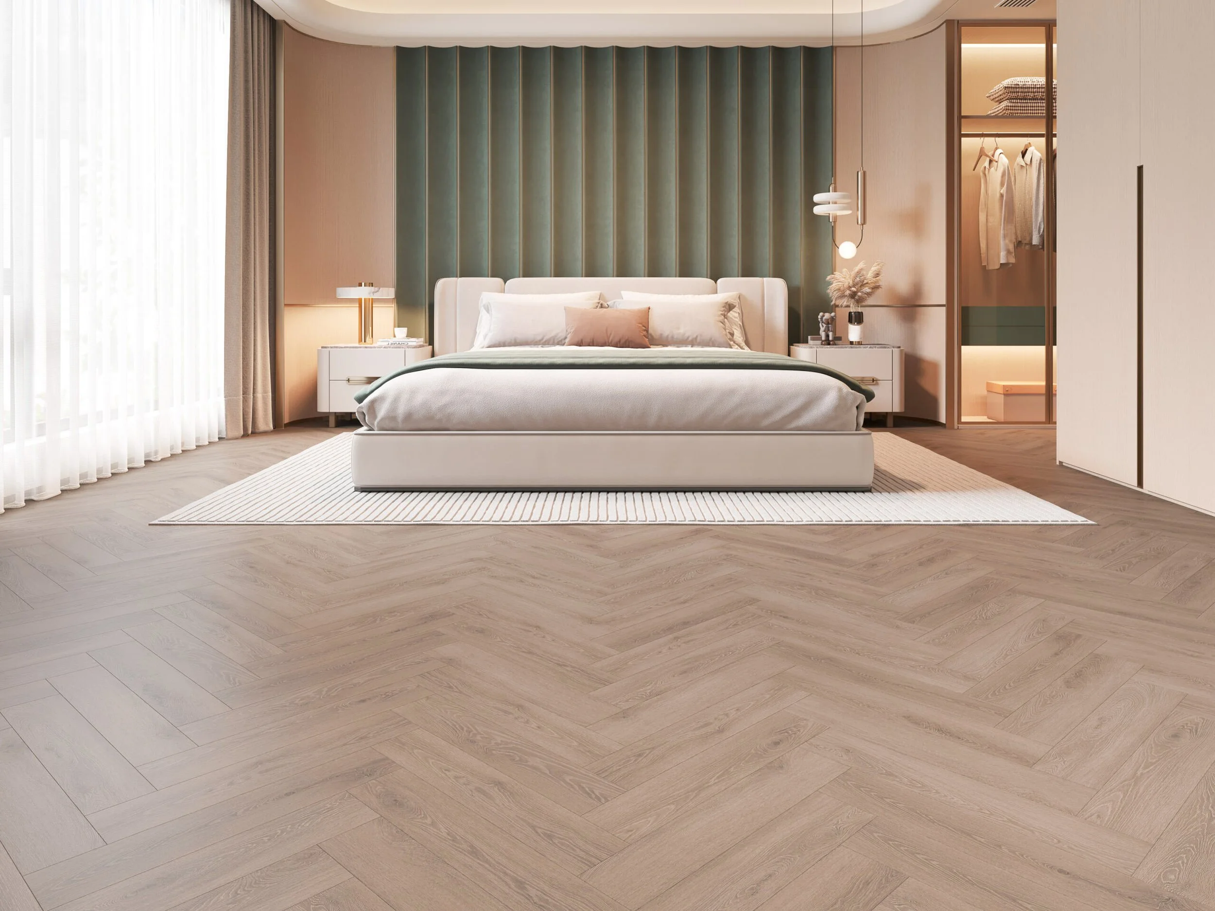 Herringbone laminate installed in a bedroom