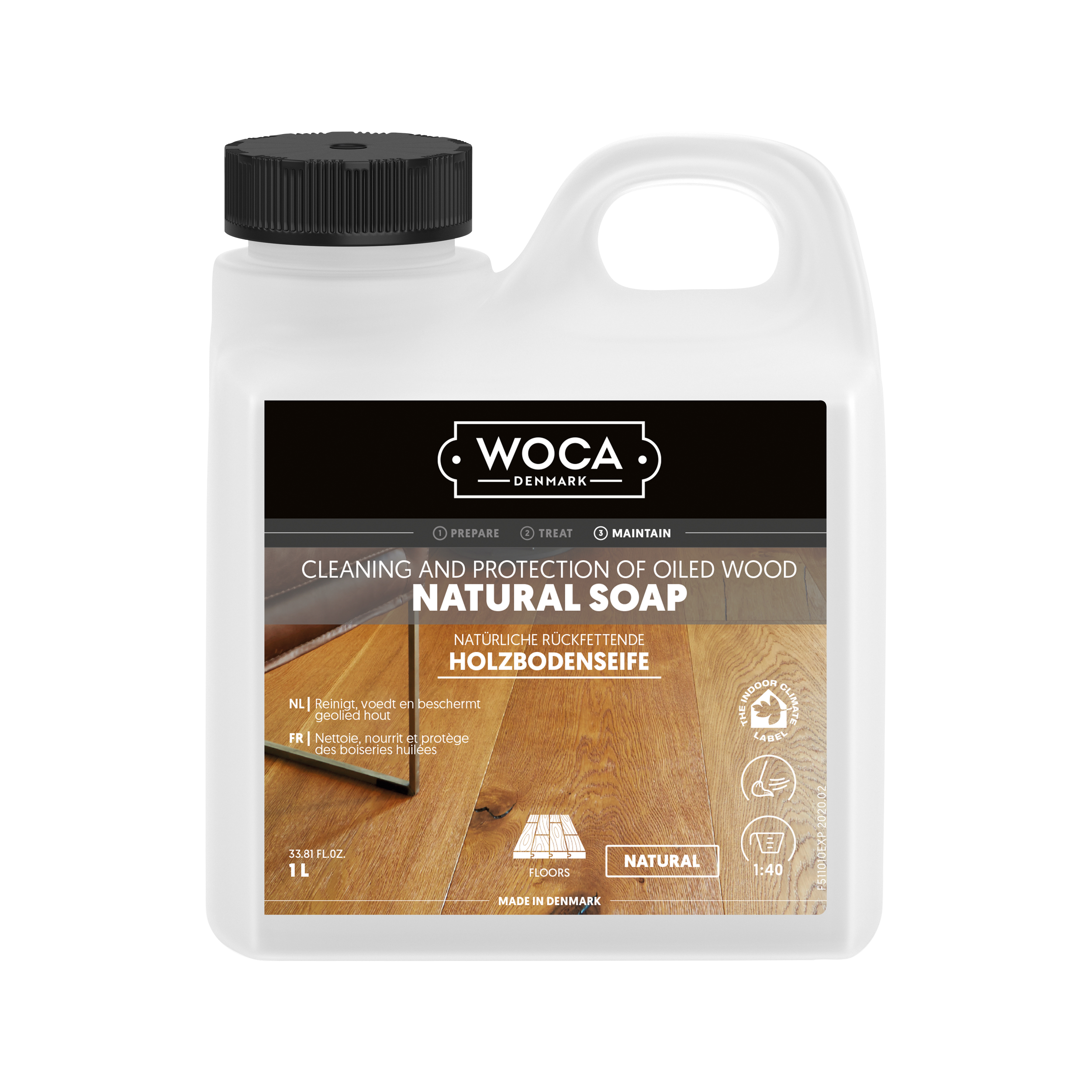 WOCA Natural Soap 1 litre bottle for cleaning and maintaining oiled wood floors