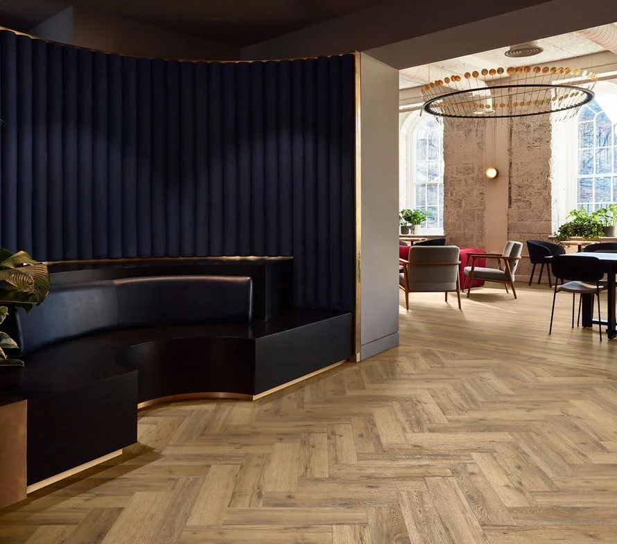 Herringbone LVT installed in a cafe 