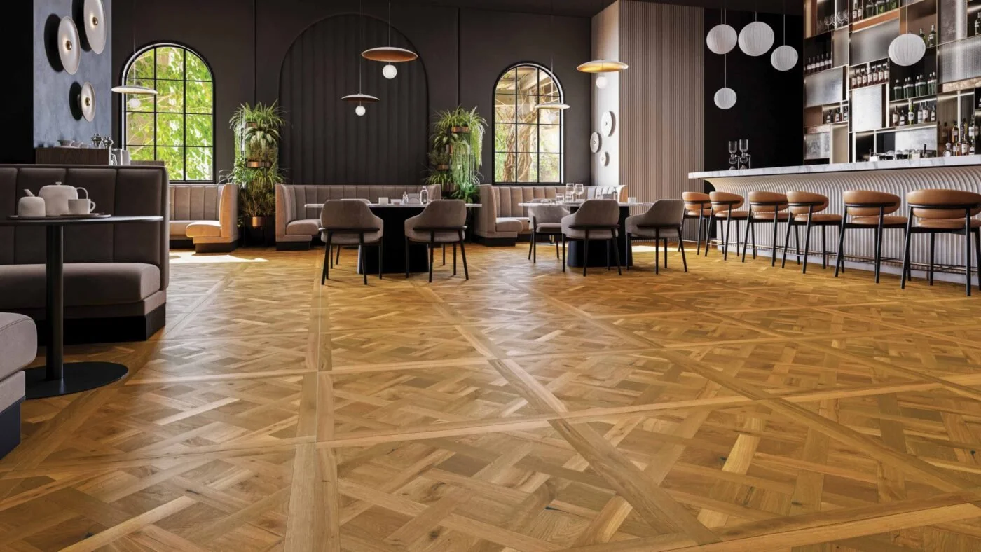 VERSAILLES PANEL EUROPEAN OAK SMOKED installed in a stylish bar & restaurant