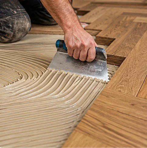 wood flooring being installed with adhesive