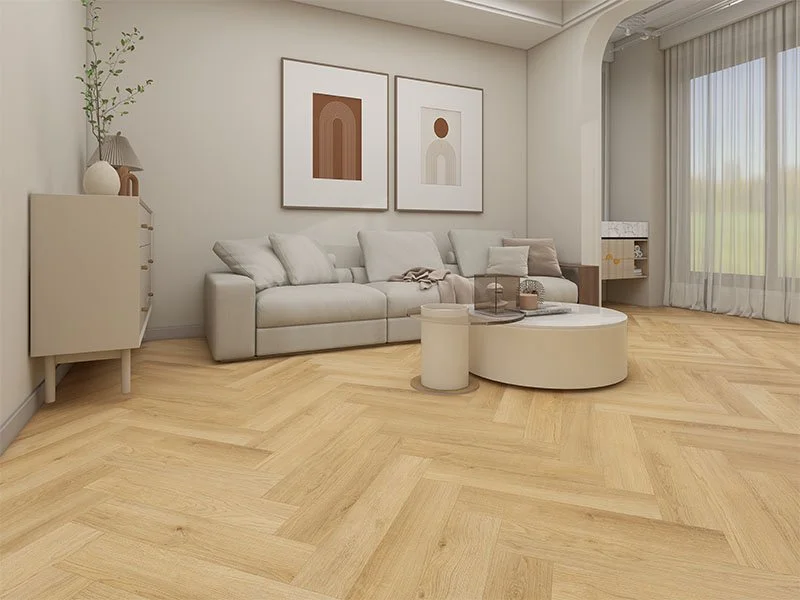 Olympus Pro 7.0 Artemis Oak Beige SPC herringbone flooring installed