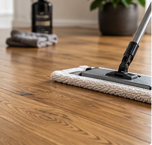Hardwood flooring being cleaned