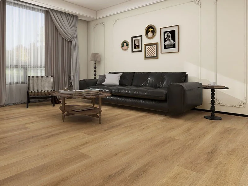 ICARUS-OAK-NATURAL set in living room with dark sofa