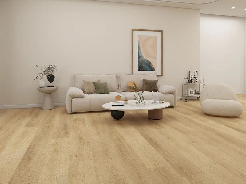 Olympus Pro 7.0 Hermes Oak Nude SPC plank flooring installed in an open plan living room