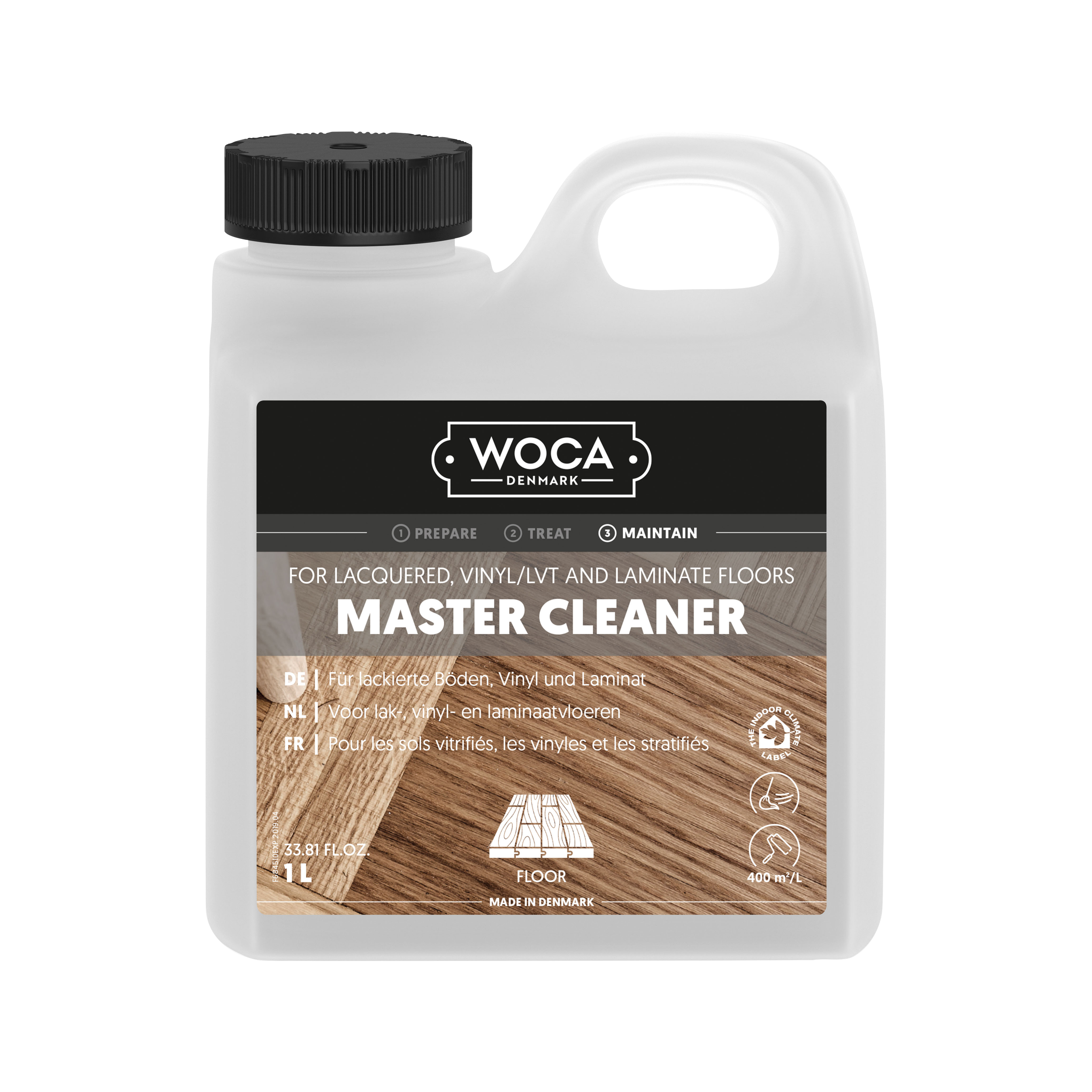WOCA Master Cleaner 1 litre bottle for deep cleaning lacquered wood, vinyl, and laminate floors