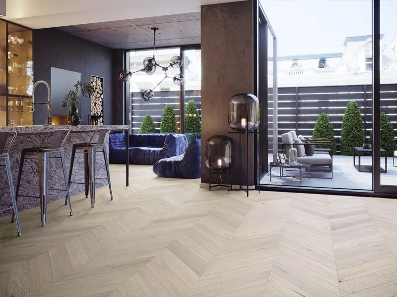 Whiteriver Barista Oak Trivor Chevron installed around kitchen island in York