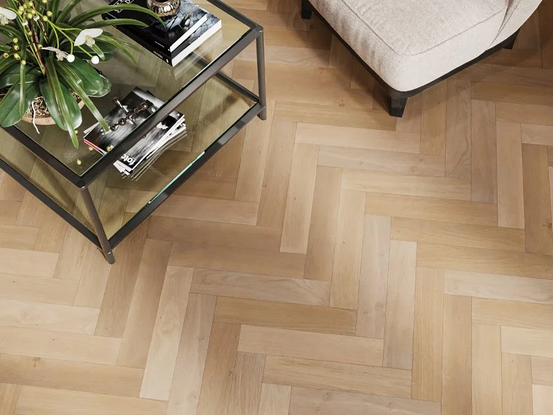 Rhode Island Oak – Whiteriver brushed white UV matt lacquered herringbone engineered oak flooring, 90×450 mm