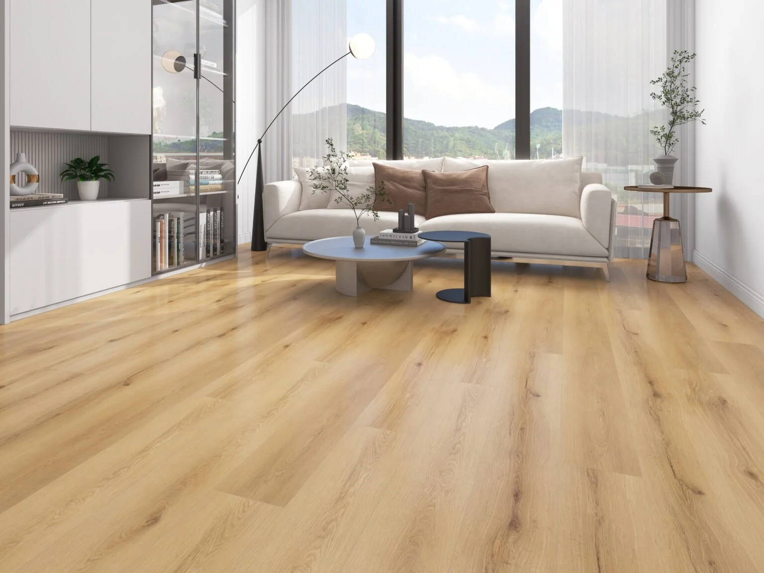 Torino-Oak installed around floating sofa and glass table