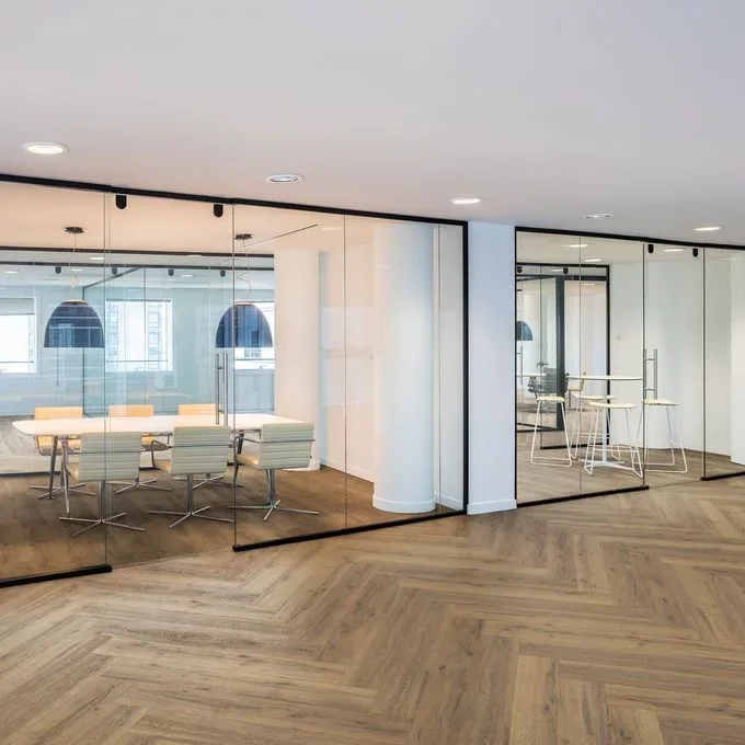 LVT plank floor installed herringbone style in an office