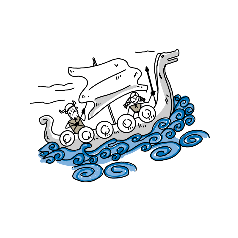 Handgezeichnetes Wikingerschiff mit Segel und einem Wikinger sowie einer Schildmaid, die auf Wellen segeln.