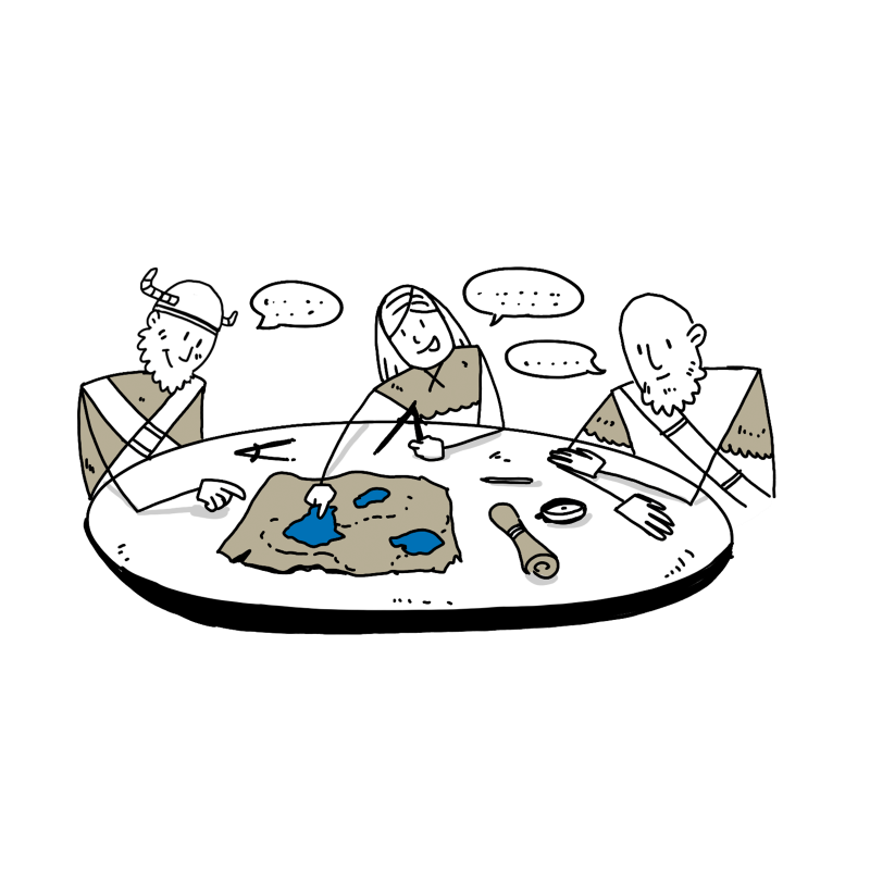 Drei gezeichnete Wikingerfiguren sitzen an einem Tisch und studieren eine Karte. Sie haben Sprechblasen über ihren Köpfen und tragen Umhänge. Auf dem Tisch liegt eine Schriftrolle, ein Tintenfass und Stifte.