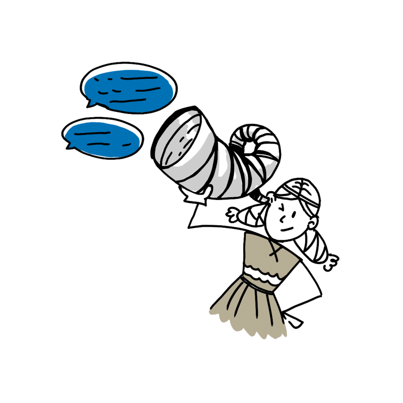 Illustration einer Schildmaid, die ein Horn hält, mit zwei blauen Sprechblasen.