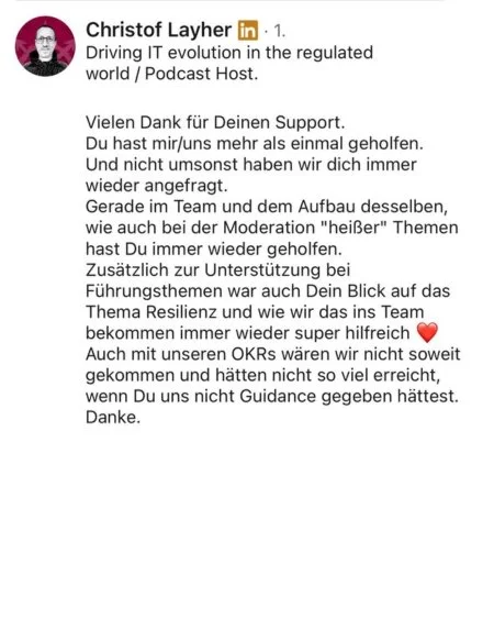 Empfehlung von Christof Layher Director Validation digital Systems für Tim Robert Zander Geschäftsführer der TRZ Agilität & Resilienz Consulting UG (haftungsbeschränkt) und Fachgebietsleiter Mental Health & Resilienz an der Erasmus Hochschule Basel