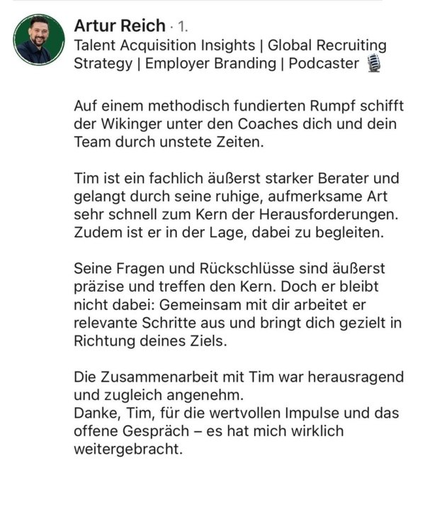 Empfehlung von Artur Reich Teamlead Recruiting for Animal Health & Pharma Supply für Tim Robert Zander Geschäftsführer der TRZ Agilität & Resilienz Consulting UG (haftungsbeschränkt) und Fachgebietsleiter Mental Health & Resilienz an der EHS