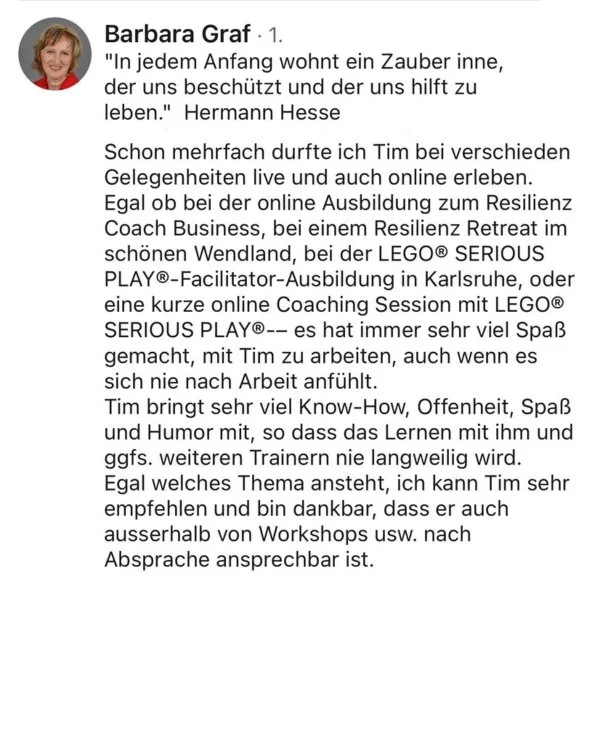 Empfehlung von Barbara Graf für Tim Robert Zander Geschäftsführer der TRZ Agilität & Resilienz Consulting UG (haftungsbeschränkt) und Fachgebietsleiter für Mental Health & Resilienz an der Erasmus Hochschule Basel