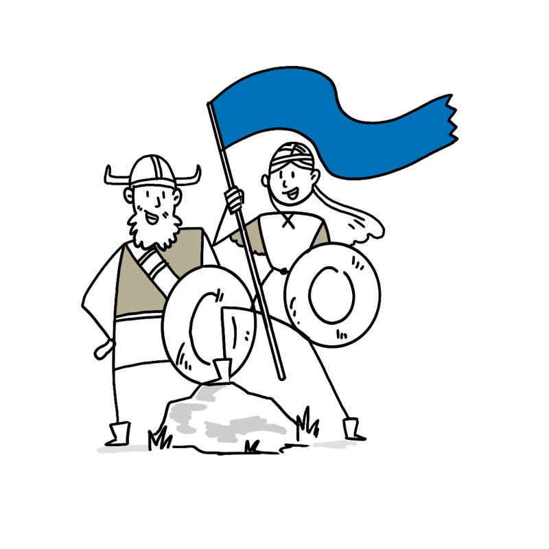 Ein gezeichnete Wikinger und eine Schildmaid halten Schilde und eine blaue Fahne. Sie stehen auf einem Felsen.