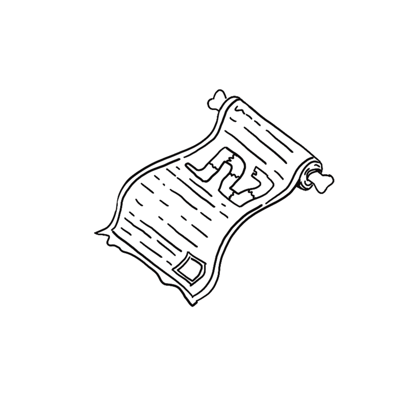 Schwarz-weiß Illustration einer antiken Schriftrolle mit Knochen als Enden und Runensymbolen in der Mitte.