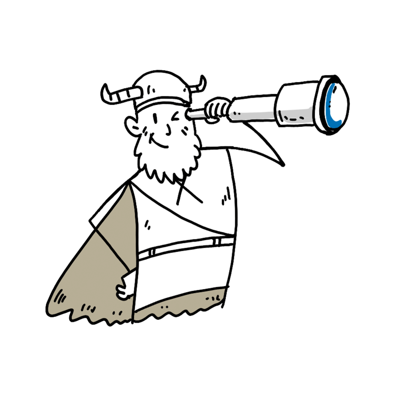 Cartoon eines Wikingers mit einem Fernrohr