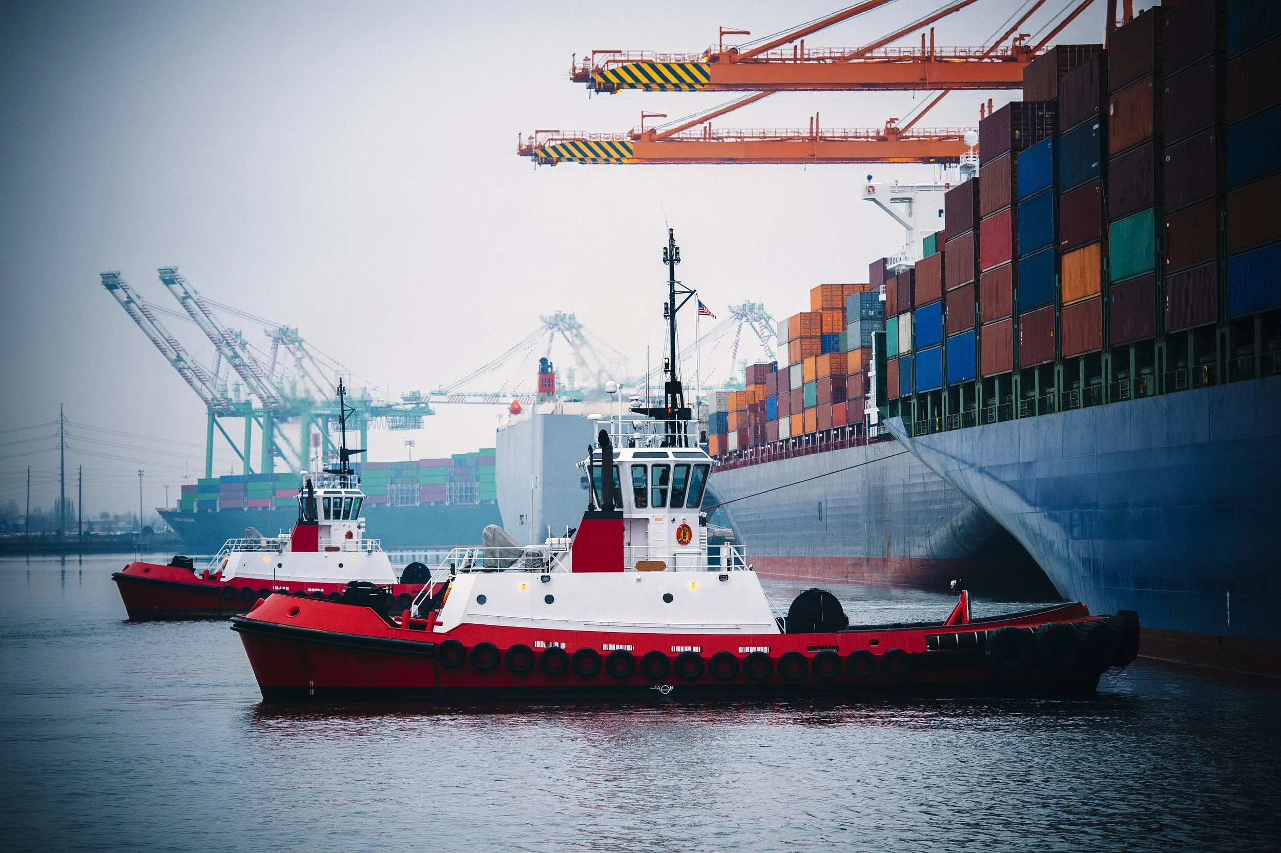 Two red and white tugboats in a harbor near large cargo ships with containers and cranes in the background.