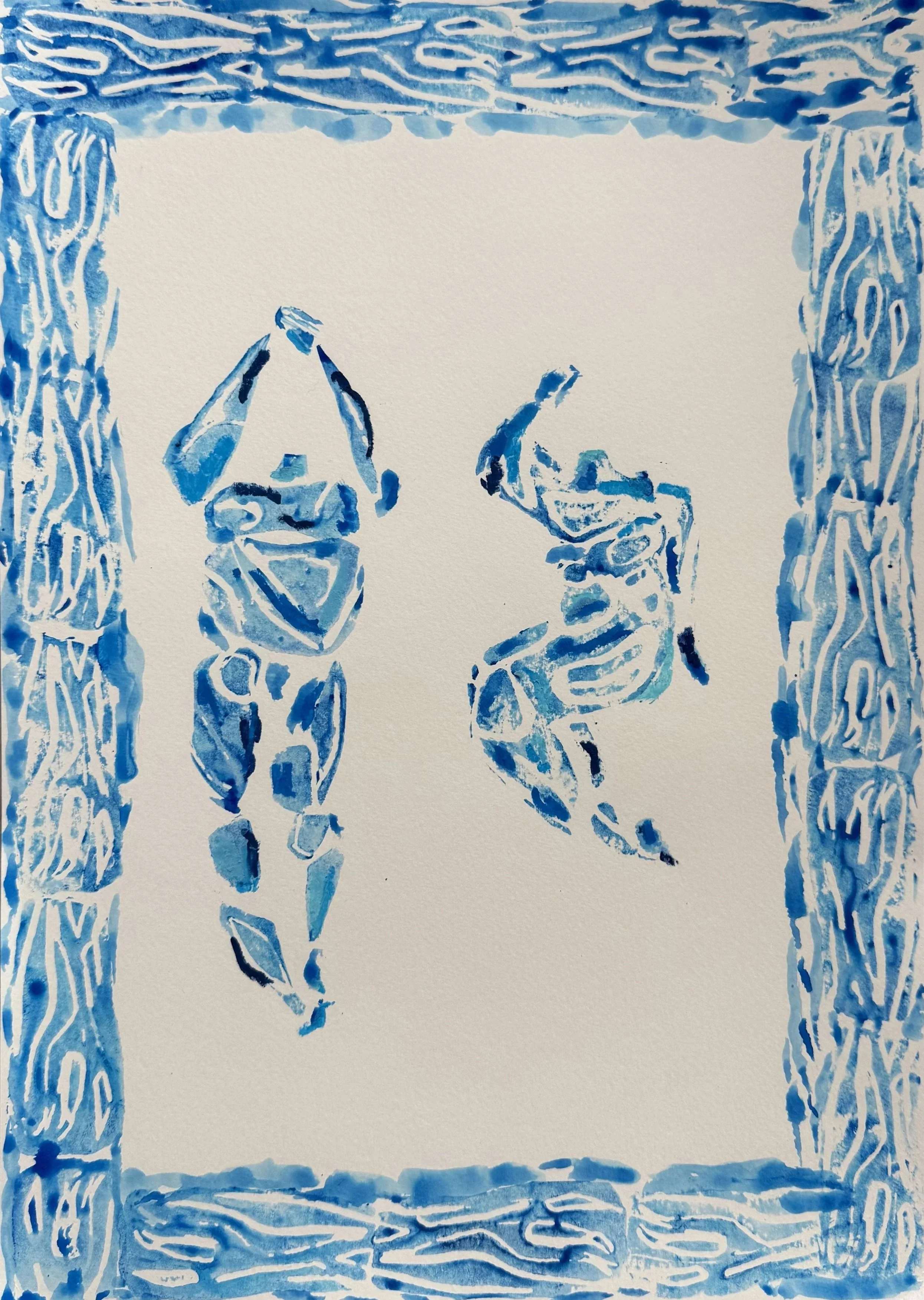 'swim buddy' 2025
lino print- ink, watercolour, oil pastel on watercolour paper
A3