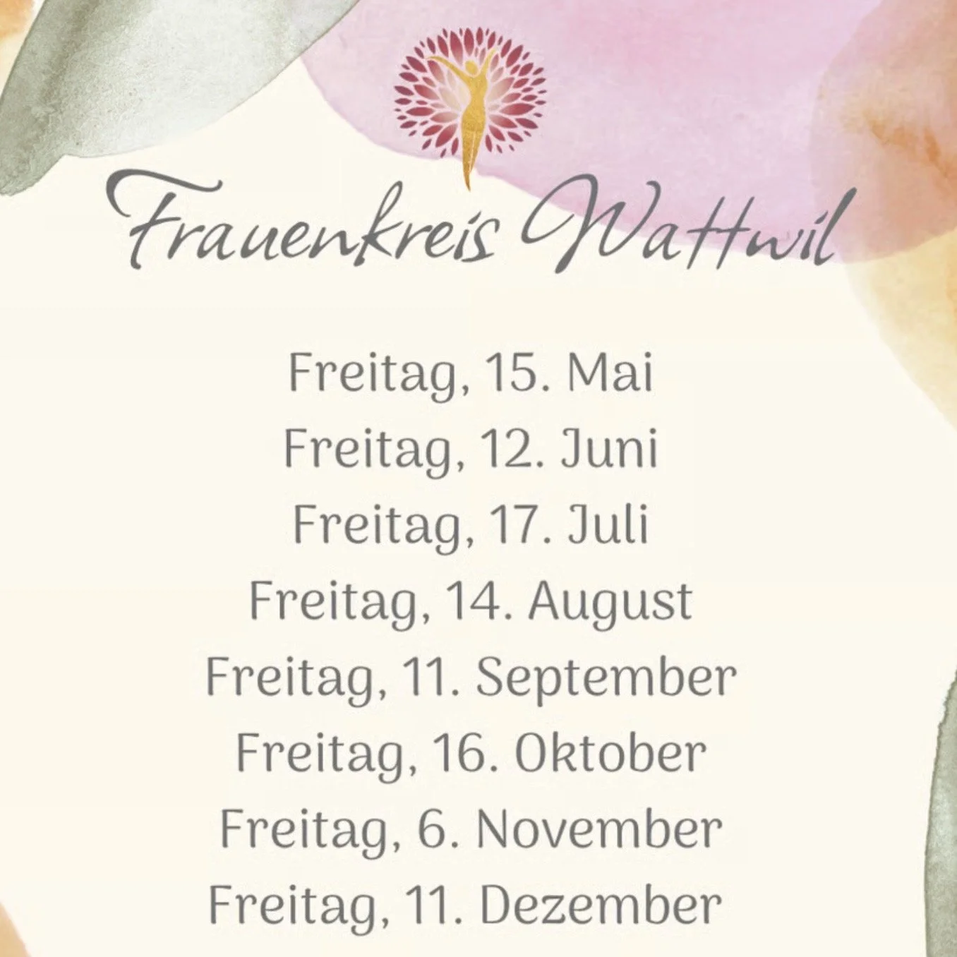 Ein Plakat für den Frauenkreis Wattwil mit Terminen an Freitagen von Mai bis Dezember.