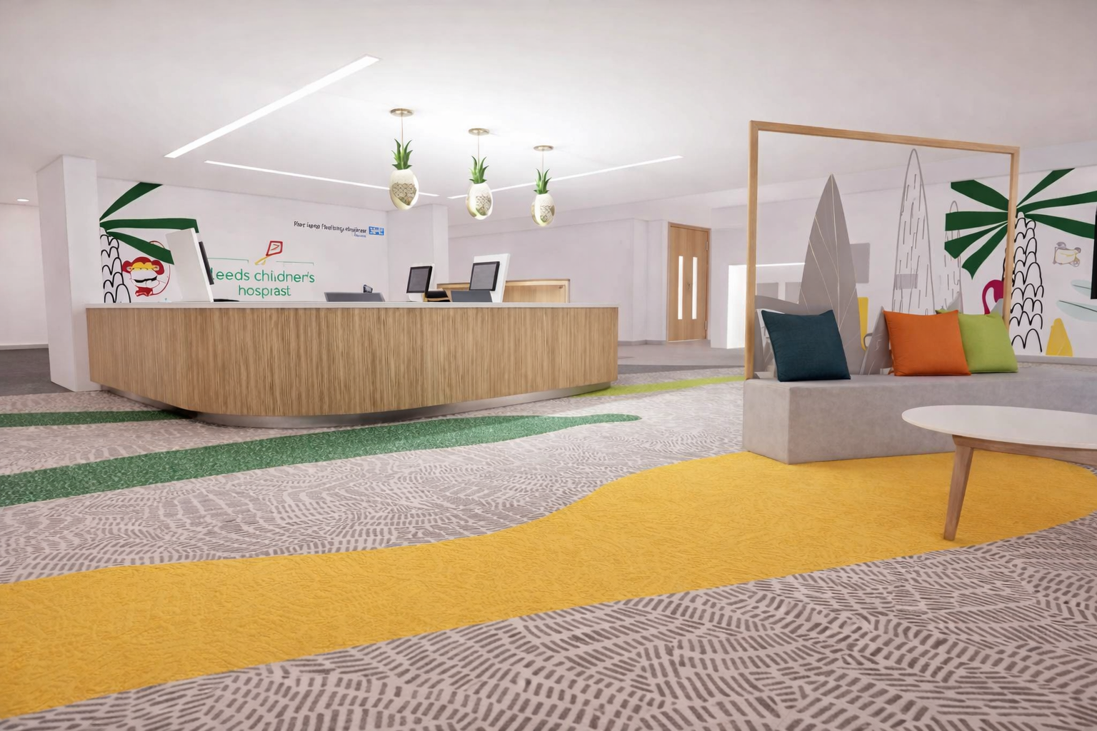 Fitted medical furniture in Leeds childrens ward reception with durable and hygienic finishes.