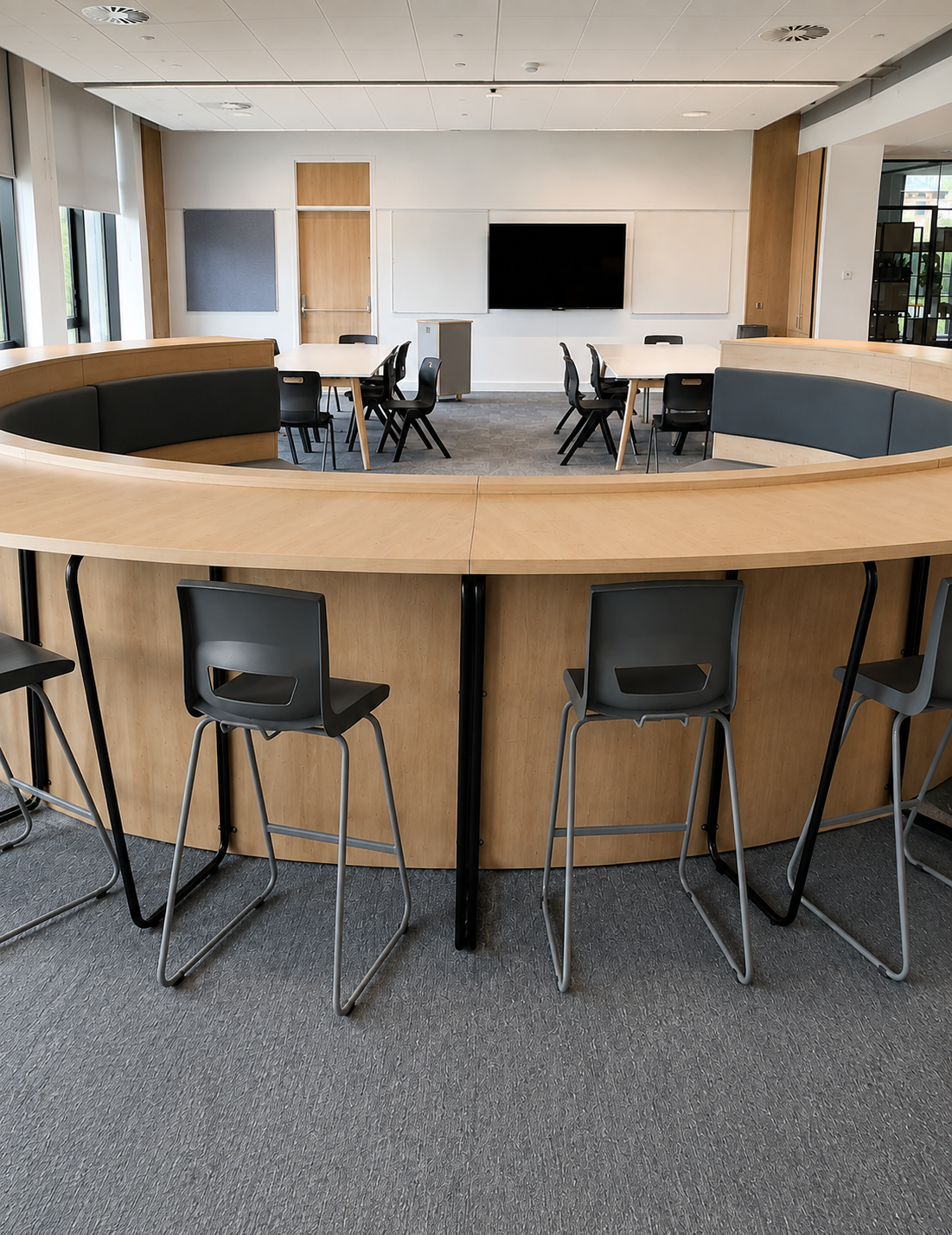 Modern collaborative learning space at Peebles High School featuring curved timber worktops, integrated seating, high stools and classroom tables.