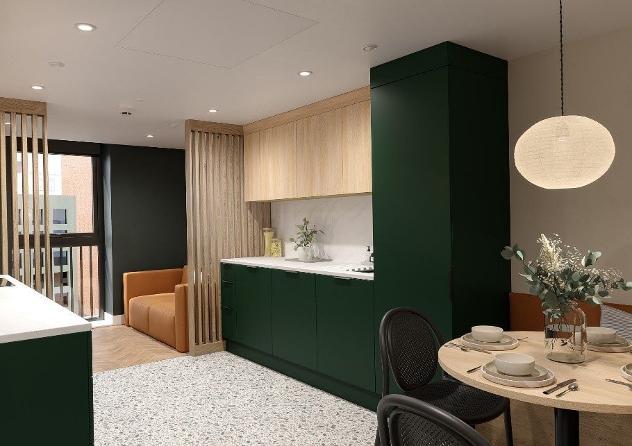 Fitted Deanestor student accommodation kitchen with storage and appliances at Brent Cross Town