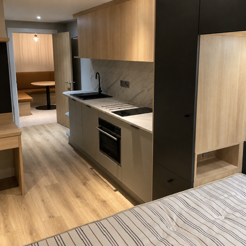 Deanestor offsite sample room showcasing furniture, finishes and design details before project delivery.