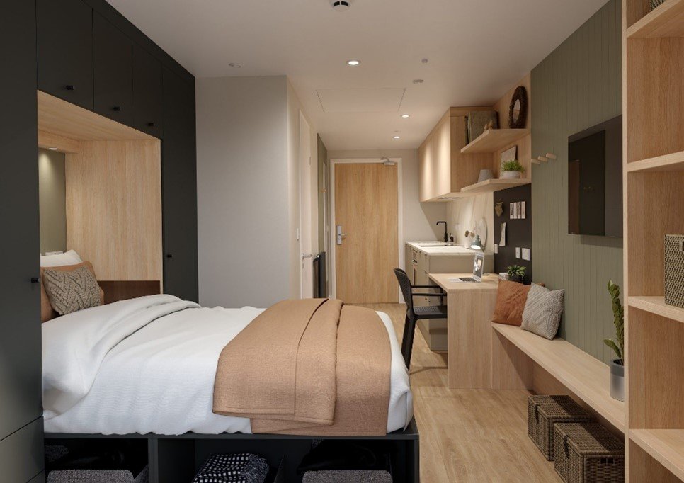 Bespoke Deanestor student bedroom furniture with integrated storage and study desk at Brent Cross Town