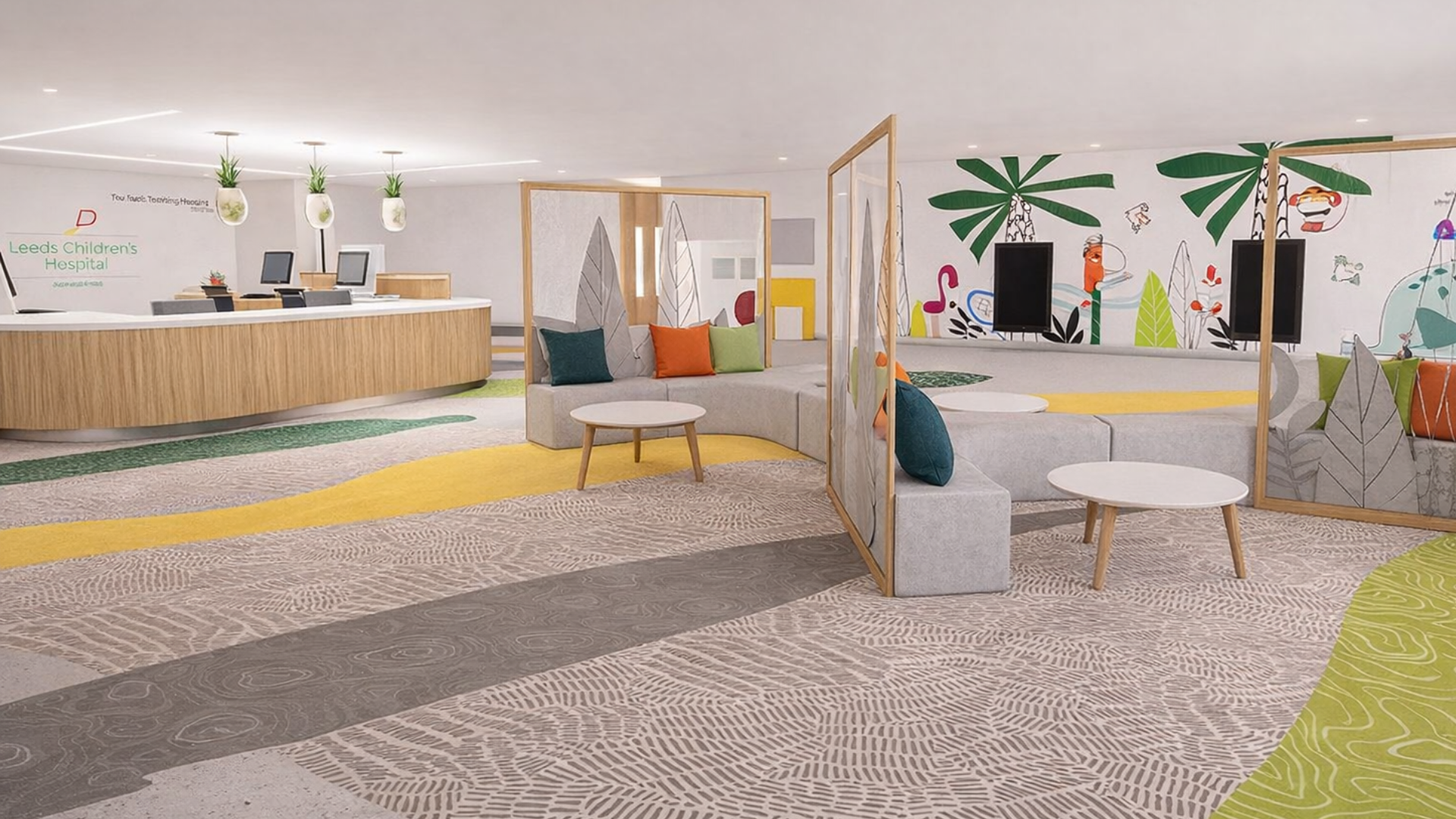 Bespoke reception furniture for Leeds childrens ward designed to create a welcoming and safe environment.