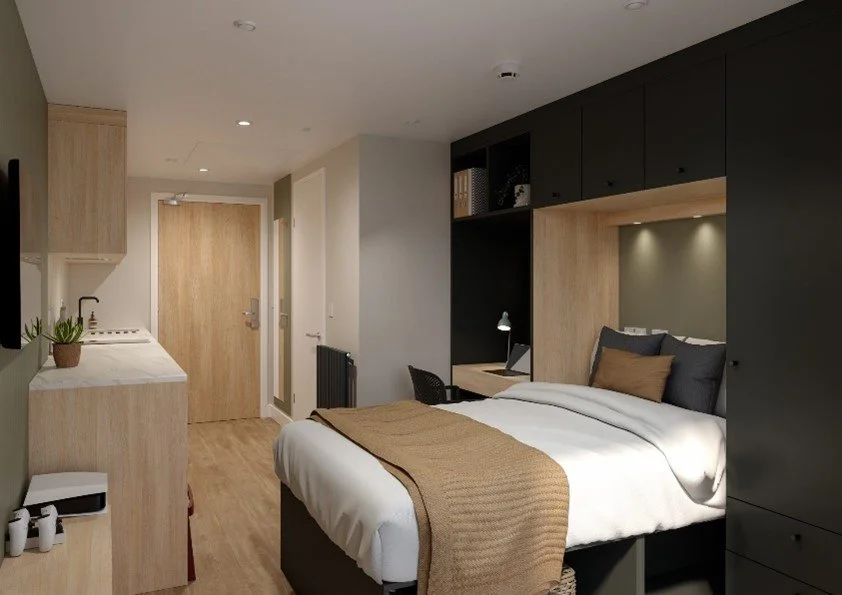 Deanestor-designed student studio furniture with integrated storage and compact study space at Brent Cross