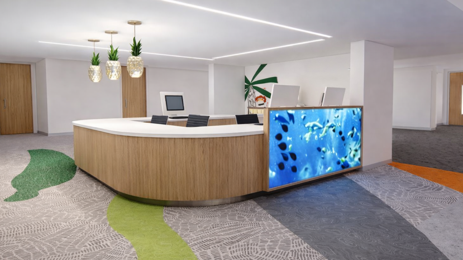 Bespoke healthcare reception desk and storage at Leeds childrens ward supporting efficient patient check in.