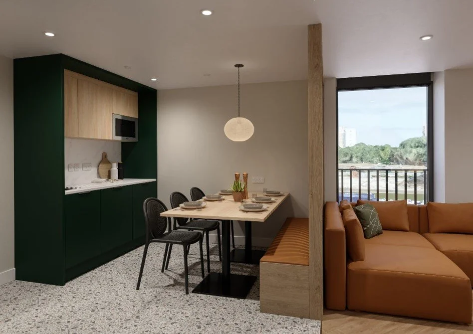 Deanestor-designed shared student kitchen with Quartz worktops at Brent Cross Town PBSA