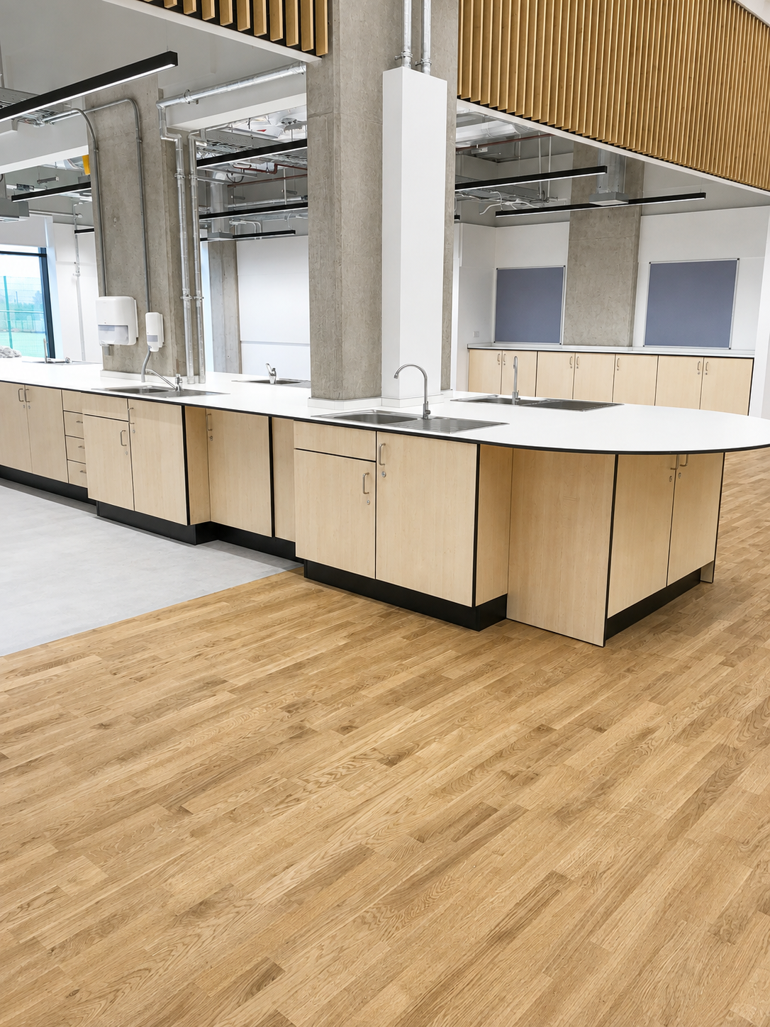 Specialist classroom at Peebles High School featuring curved fitted timber cabinets, white worktops, integrated sinks and additional storage units.