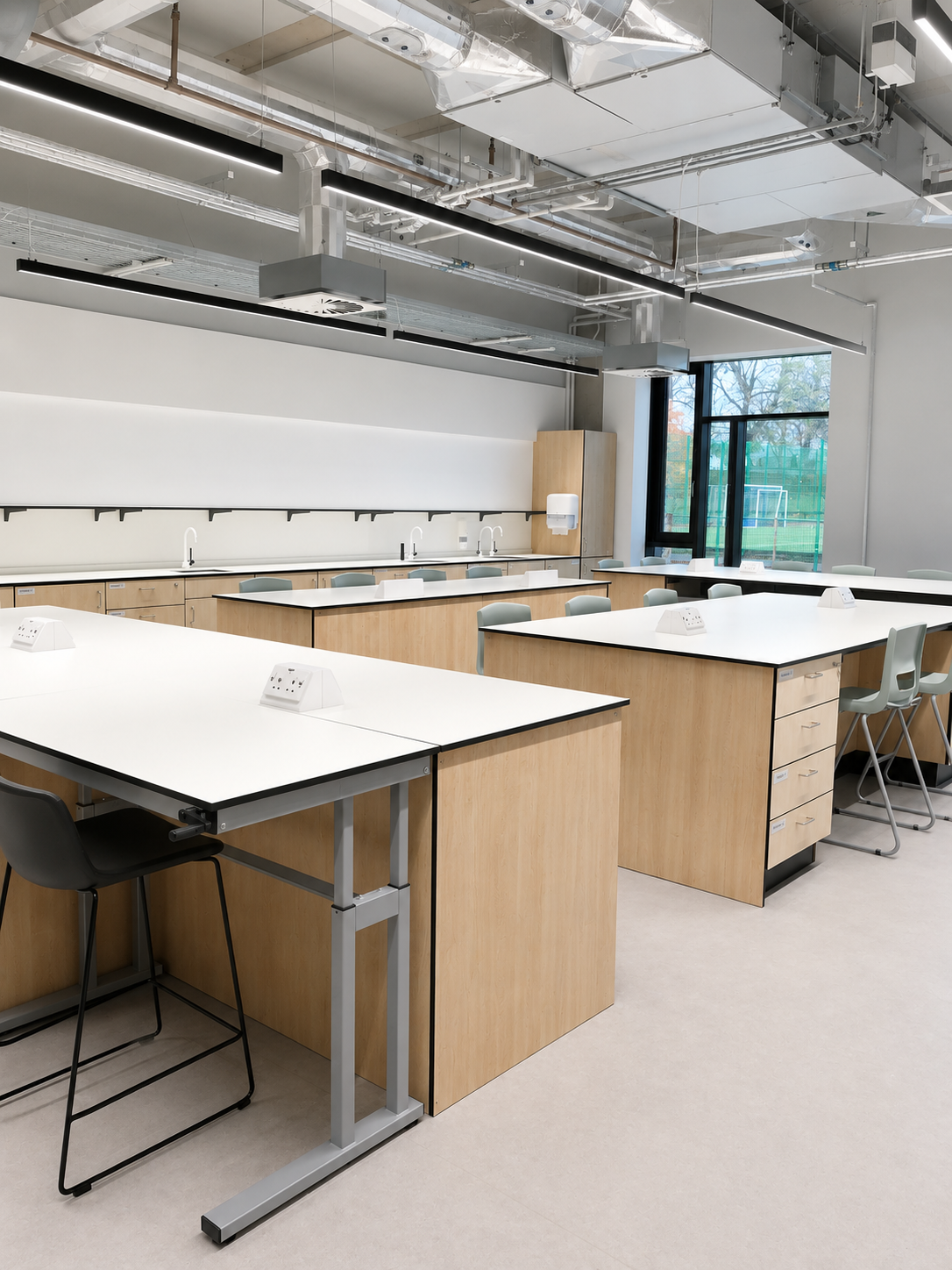 Specialist science classroom at Peebles High School featuring fitted timber laboratory benches, white worktops, sinks, storage cabinets and high stools.