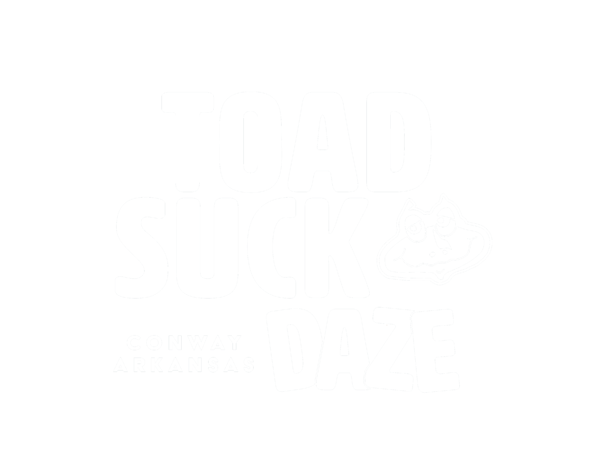 White Toad Suck Daze logo on black background reading 'TOAD SUCK DAZE CONWAY ARKANSAS' with a cartoon frog face to the right of 'SUCK'.