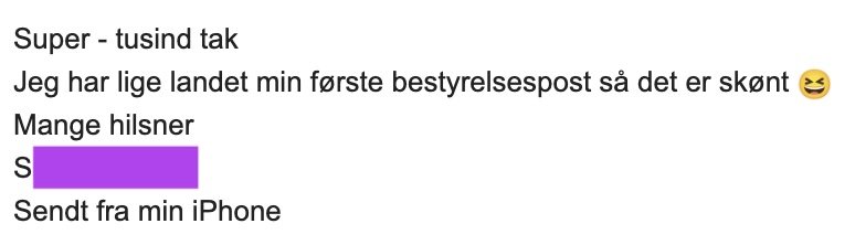 Screen shot fra besked om at den første bestyrelsepost er i hus