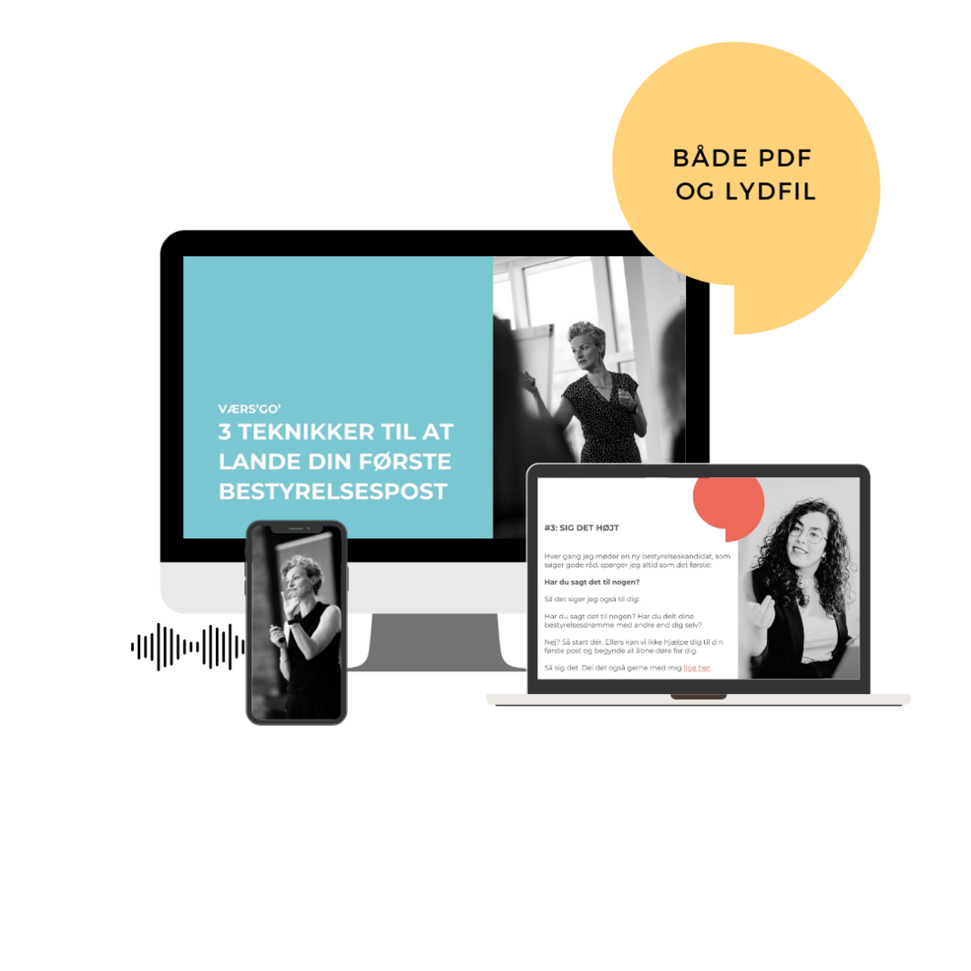 Et setup med en computer, en laptop og en smartphone, der viser præsentationer om kommunikationsteknikker, med en boble i øverste højre hjørne, der siger 'Både PDF og lydfil'.