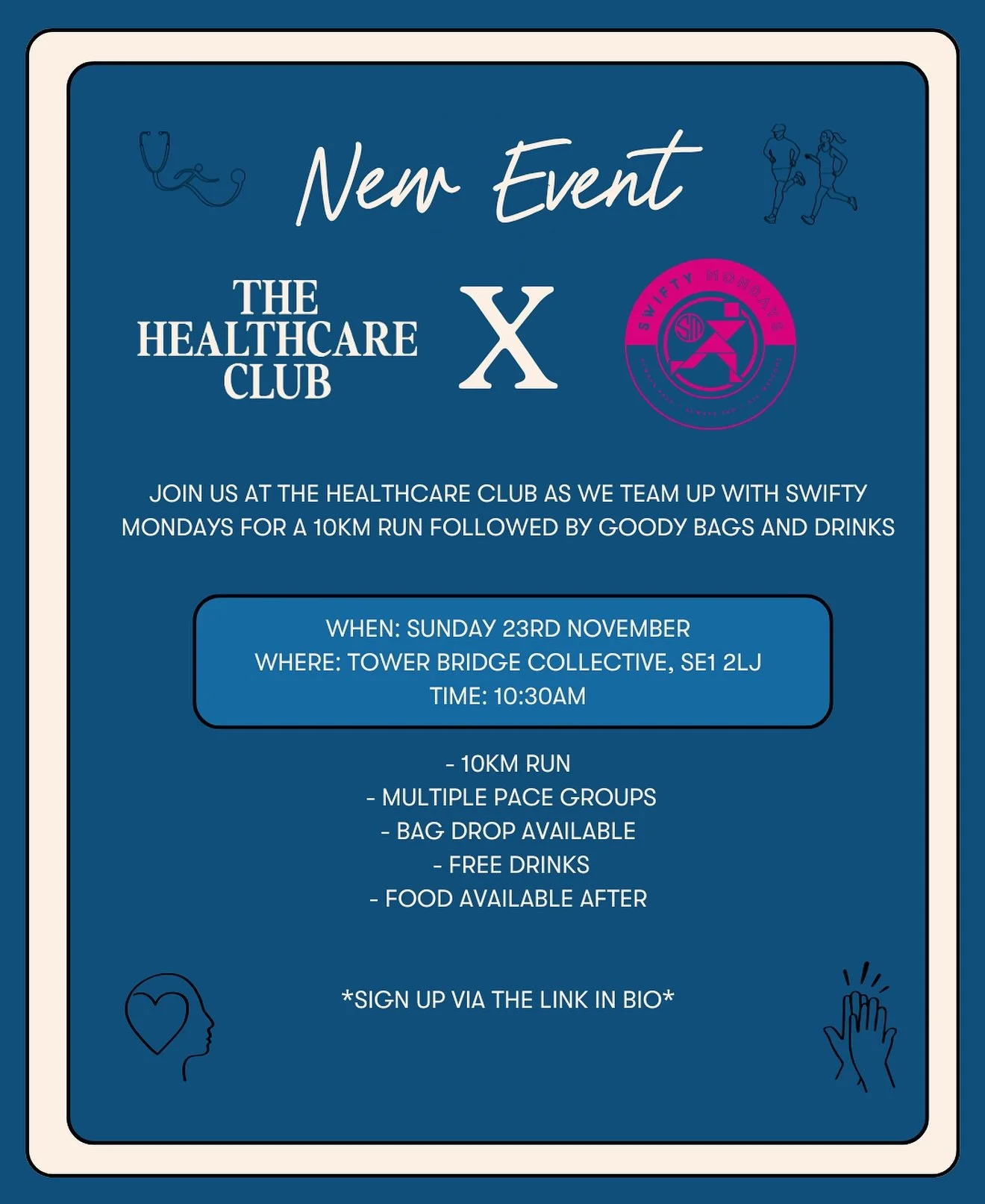 A WEEKEND RUN CLUB!!!! 

@the_healthcareclub with @swiftymondays !! 

You spoke, and we listened! You wanted a weekend event so here we are! 

We have teamed up with @swiftymondays and @towerbridge_collective for a 10km weekend run, will multiple pac
