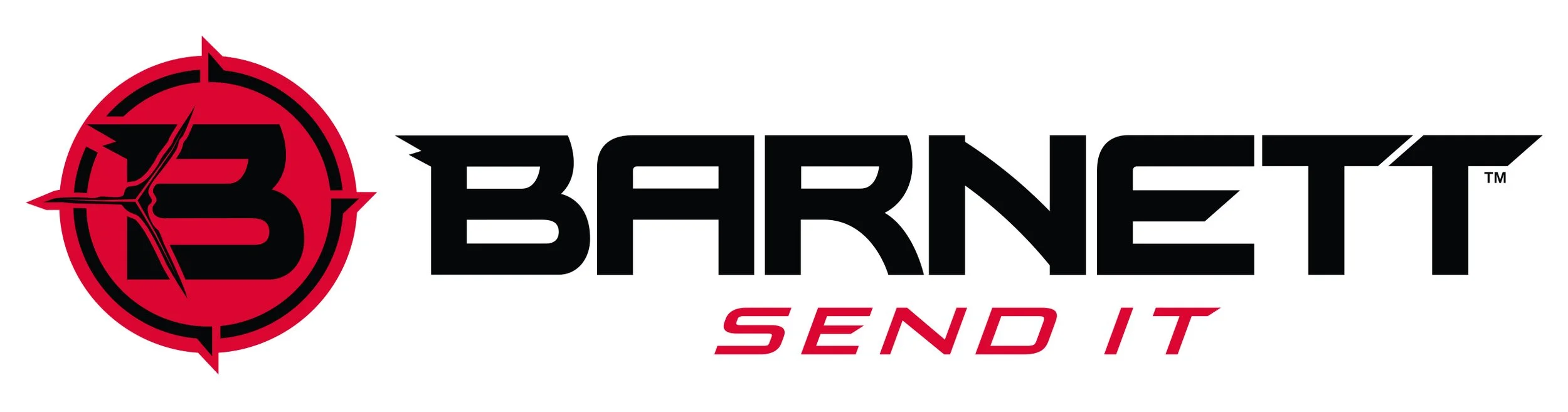 Barnett Send It sponsor logo featuring modern archery and hunting equipment branding with red and black design.