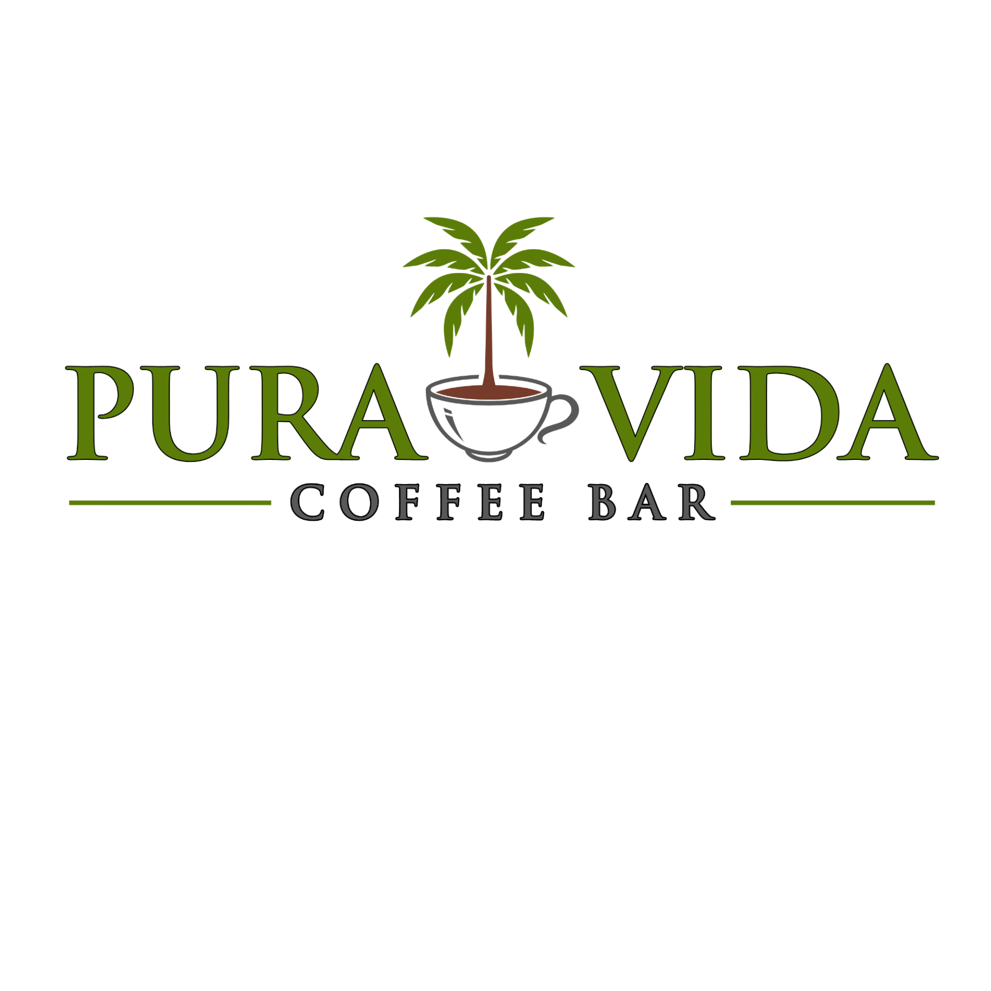 Pura Vida Coffee Bar sponsor logo for Connor Martin Music website in Louisiana featuring local coffee shop branding and tropical palm tree design.