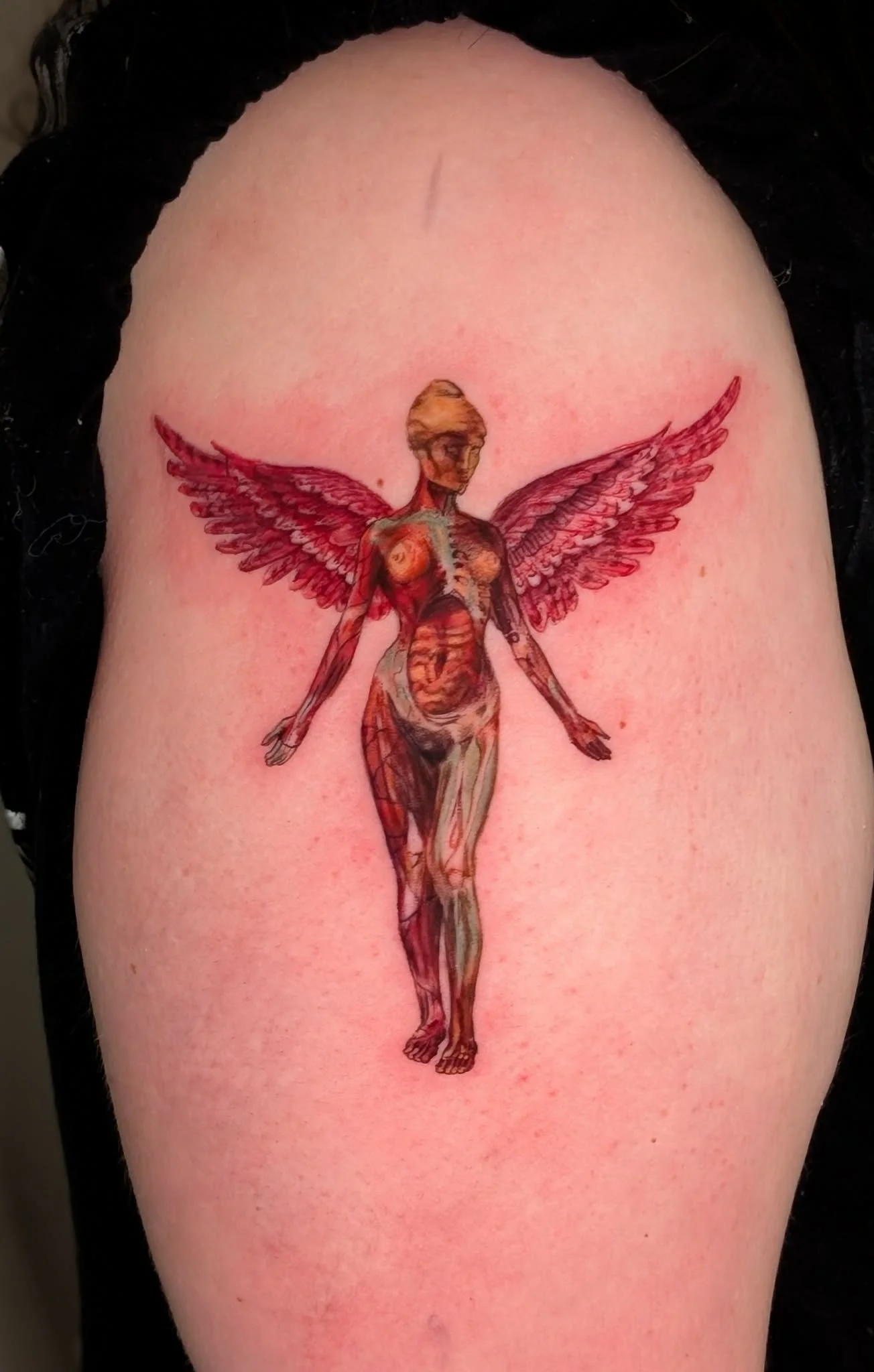 Colorful tattoo of a woman with wings on upper thigh, showing detailed anatomy and artistic design.