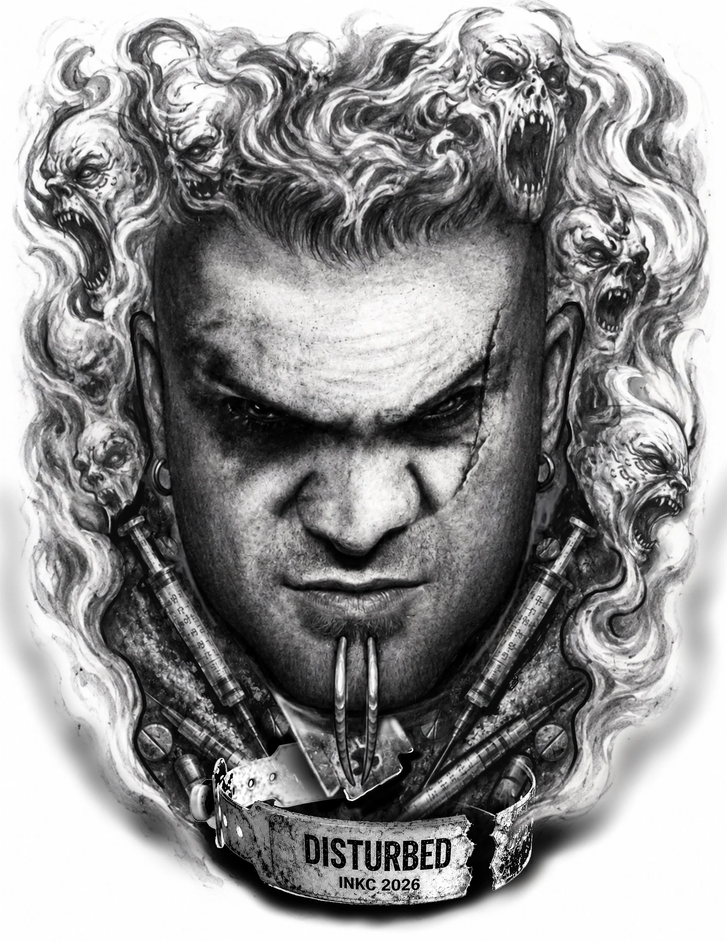 A black and white illustration of a woman with intense eyes and dark makeup, surrounded by fierce, monstrous faces with sharp teeth and open mouths emblematic of chaos or anger. She wears a necklace with a pendant resembling a ritualistic symbol and 