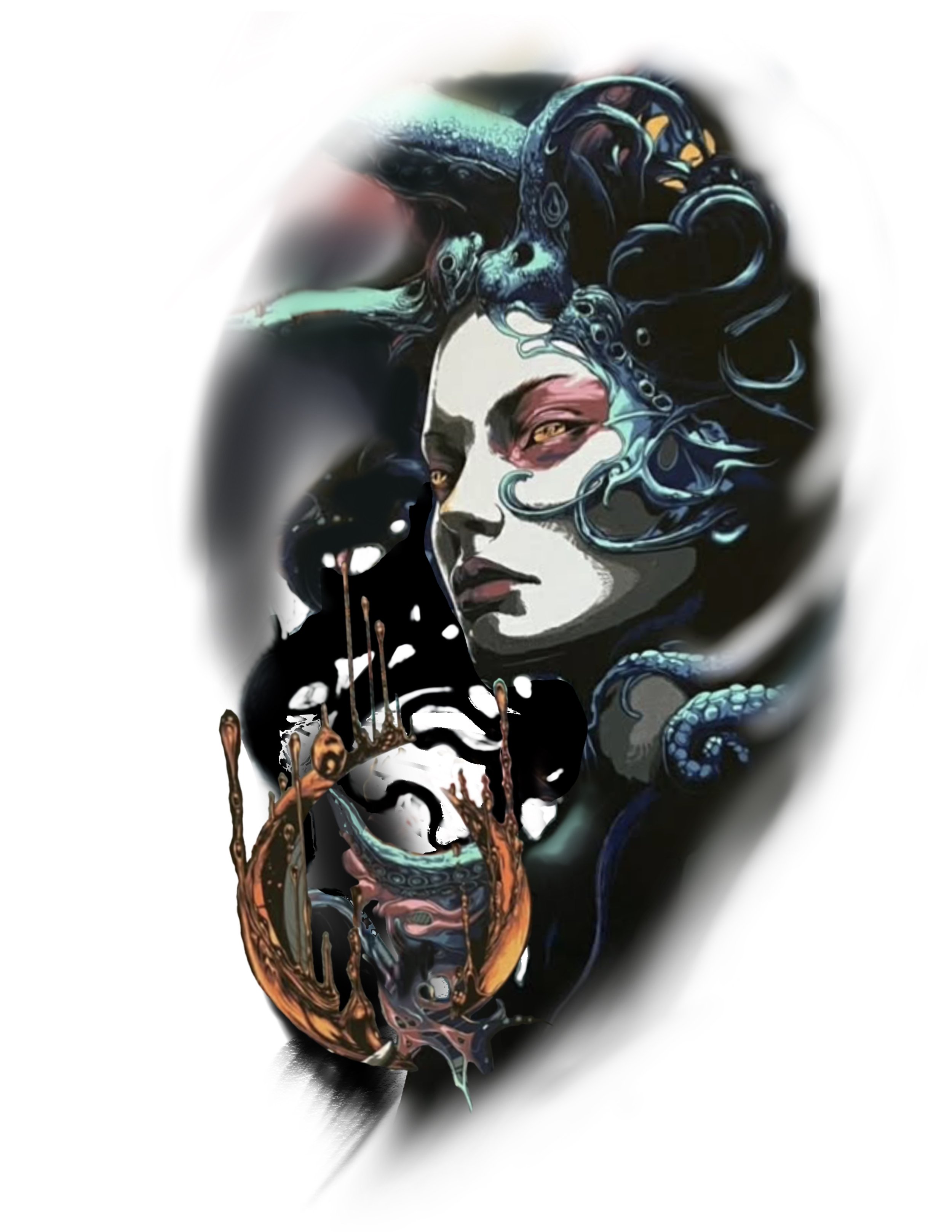 An artistic depiction of a woman's face with abstract, flowing designs and colors, blending elements of fantasy and surrealism.