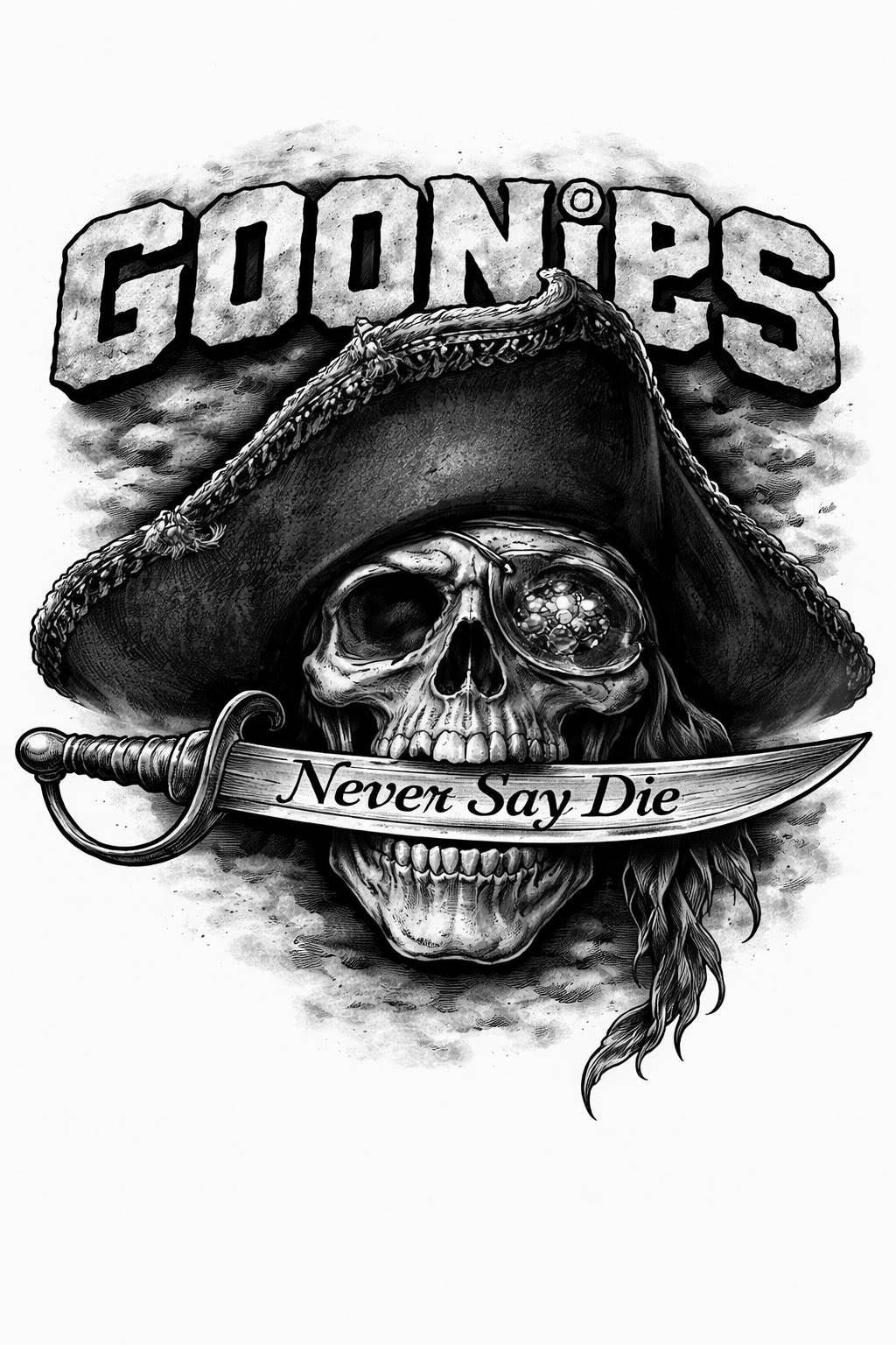 A black and white illustration of a skull wearing a pirate hat with a braid. The skull has an eyepatch over one eye, and a sword with the words 'Never Say Die' on it is held in its mouth. The word 'GONIES' is displayed above in bold, block letters.