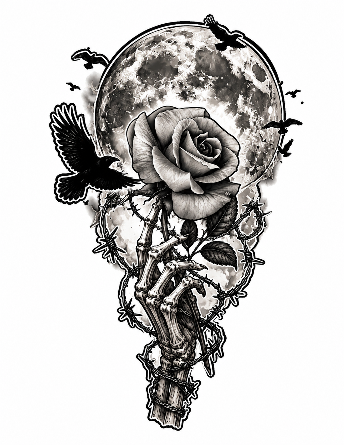 Black and white illustration of a skeletal hand holding a rose, surrounded by barbed wire, with a large moon and flying birds in the background.