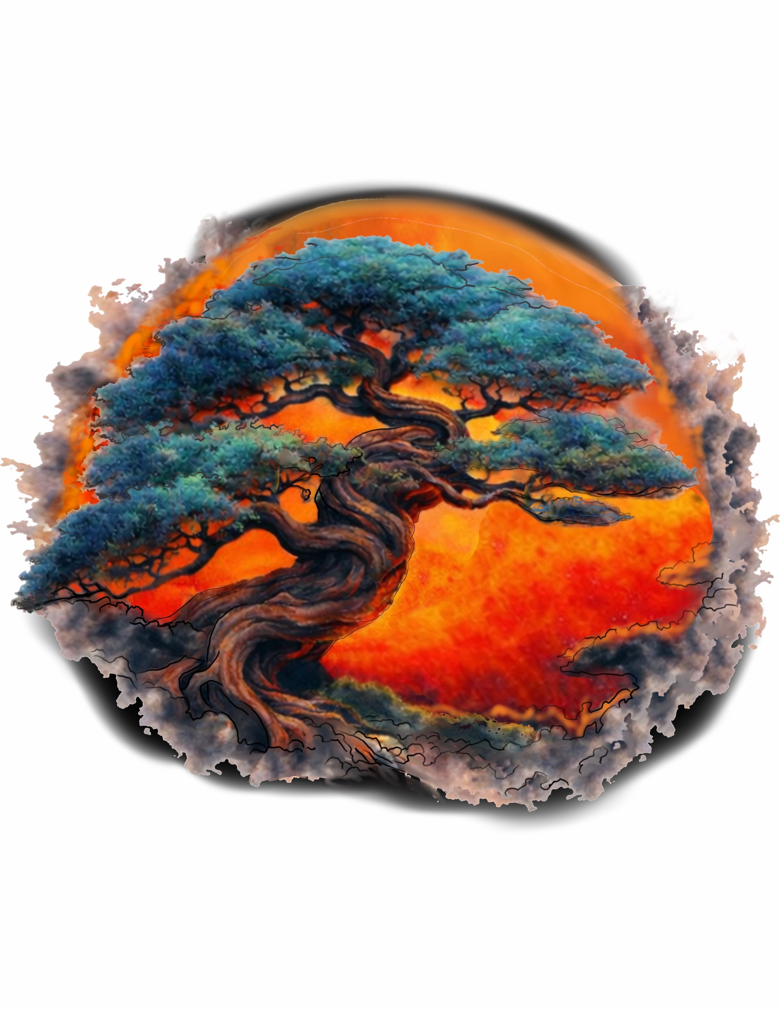 A painting of a tree with blue leaves, twisting black branches, set against a vibrant orange and fiery yellow background, resembling a solar eclipse or fiery sunset.